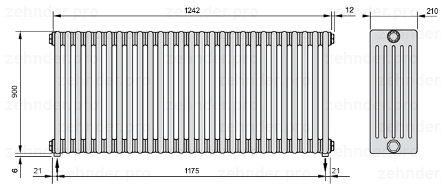 Схема (чертеж) Радиатор Zehnder Charleston 6090/27 №5310 Белый глянцевый RAL 9016